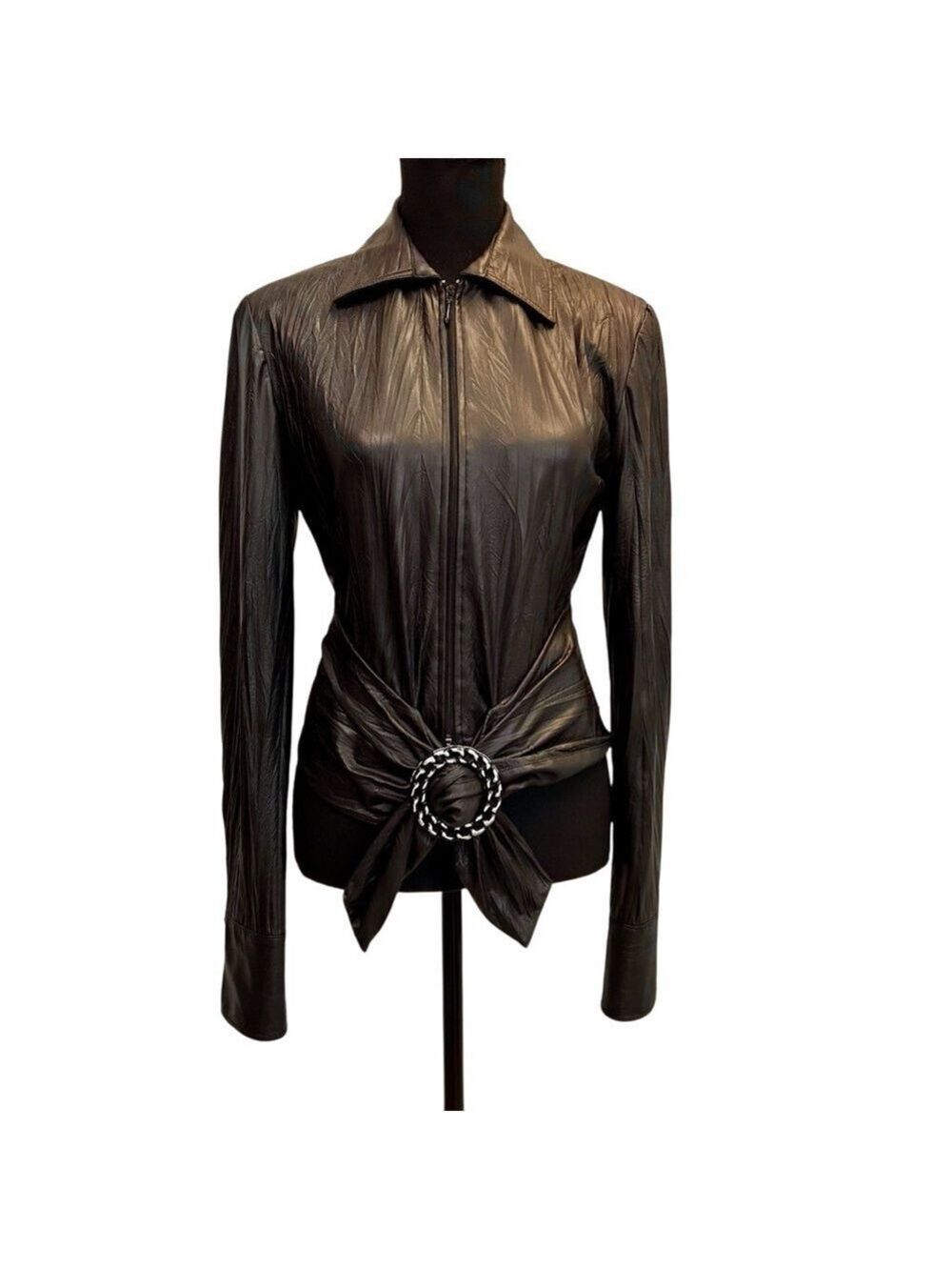 Joseph Ribkoff black faux leather full zip front buckle jacket wrinkled style 6
